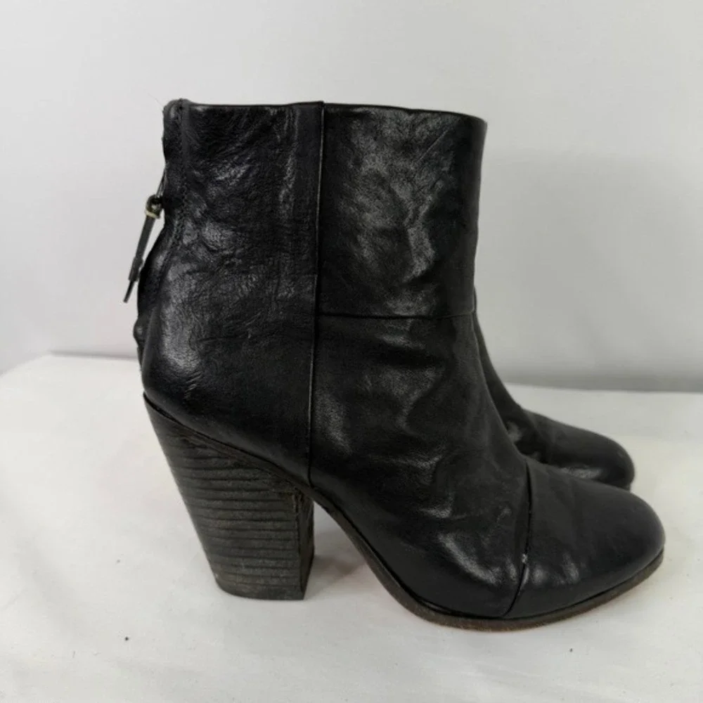 Rag & Bone Newbury Black Leather Ankle Boots Round Toe Stacked Block Heel‎ US 7